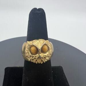 Vintage Signed Napier Cabochon Owl Runway Statement Couture Adjustable Ring
